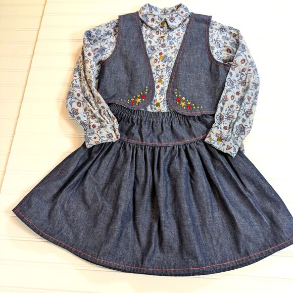 Unbranded Other - Girls Western Wear Outfit Size 10 Denim Skirt Vest Shirt Floral Costume Handmade